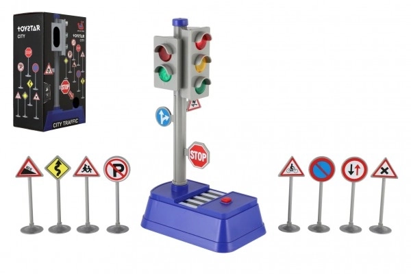 Verkeerslicht met borden kunststof 14x24cm op batterijen met licht en geluid in doos 14x24,5x9cm
