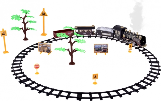 Grote retro trein met locomotief op afstandsbediening met licht en stoom