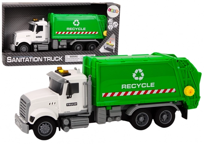 Wit-groene speelgoed vuilniswagen met licht- en geluidseffecten