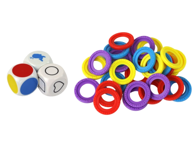 Gekleurde ringen en 3 dobbelstenen voor eindeloos speelplezier
