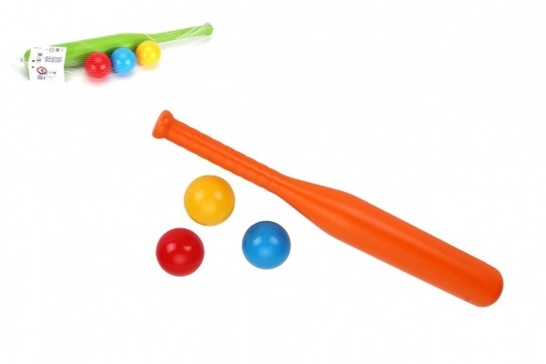 Honkbalknuppel 50cm + 3 stuks ballen plastic 2 kleuren in net