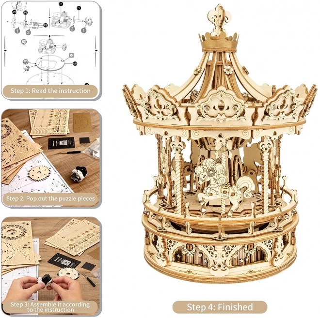 Carrousel met paarden - muziekdoosje - 3D houten bouwpakket