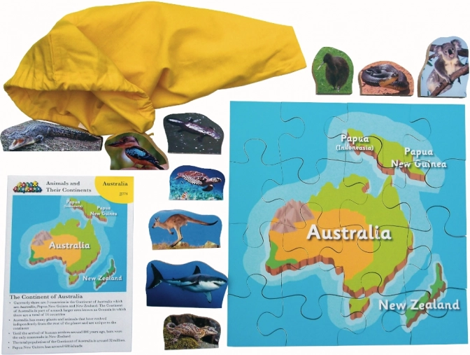 Houten puzzel Australië en zijn dieren 16 stukjes en 10 dieren