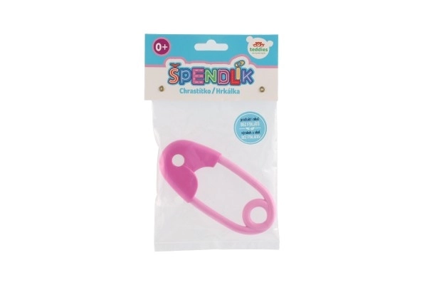 Rammelaar veiligheidsspeld plastic 12cm roze 12x19cm in zak 0+