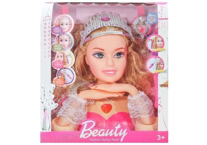 Hoofd van stijlloze pop met kroon + accessoires