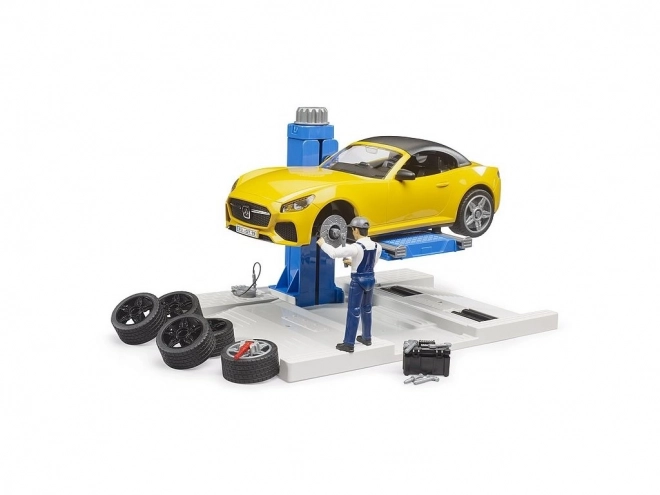 Autowerkplaats met roadster en monteur