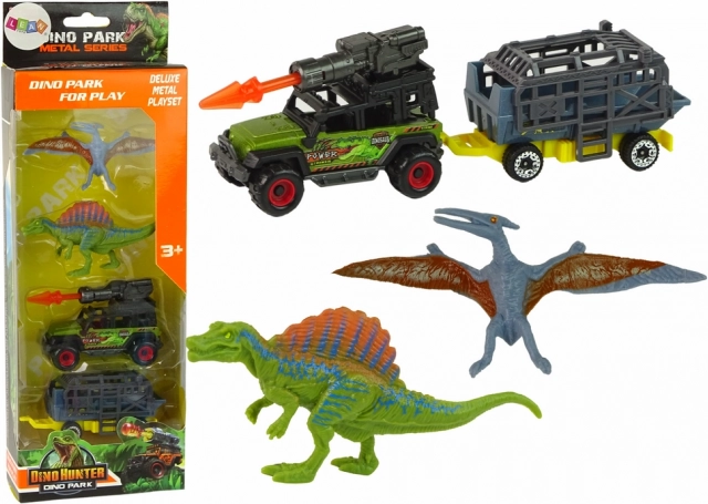 Dinosaursset met auto, raketwerper en aanhanger met kooi