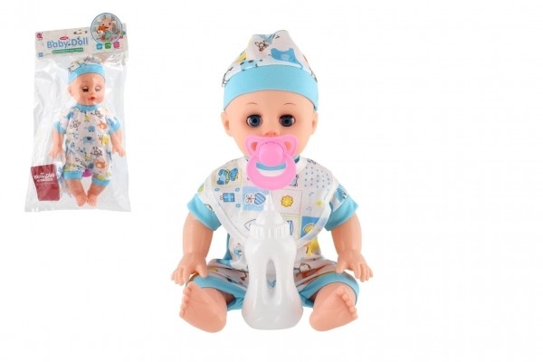 Pop baby plastic 32cm stevig lichaam drinkend, plassend op batterijen met geluid met accessoires in zak