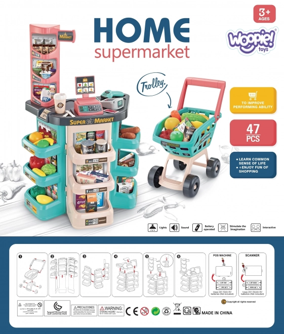 Kindersupermarkt met winkelwagen en 47 accessoires Woopie
