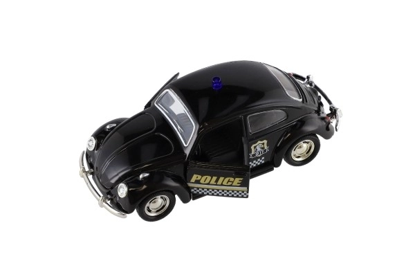 Retro politieauto 11cm metaal/plastic, zelfopwindend met licht op batterijen, 4 soorten