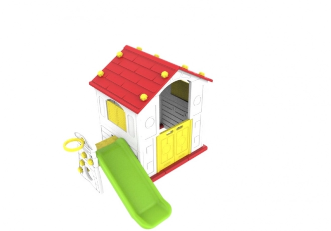 Kinder tuinhuisje met rood dak, glijbaan en basketbal