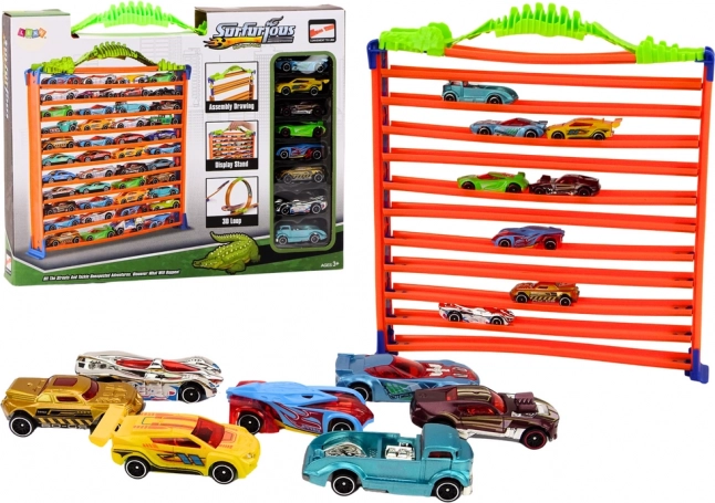 Garage en racebaan 2-in-1 met 360° loopings en 8 autootjes
