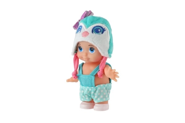 Poppenbaby met muts kunststof stevig lichaam 15cm 4 soorten in doosje 9x16x6cm