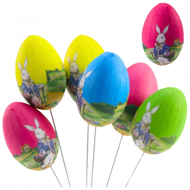 Paaseieren aan draad met konijn - set van 6 stuks