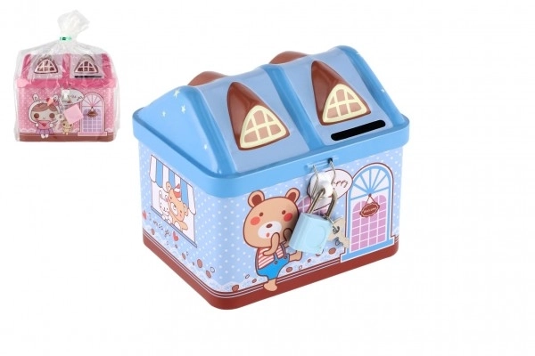 Blikken spaarpot huis met slot 12x11cm