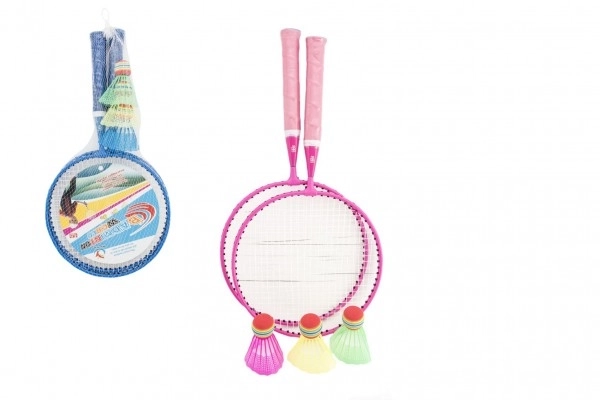 Badmintonset kind metaal/plastic 2 rackets + 3 shuttles 2 kleuren in net 23x45x6cm