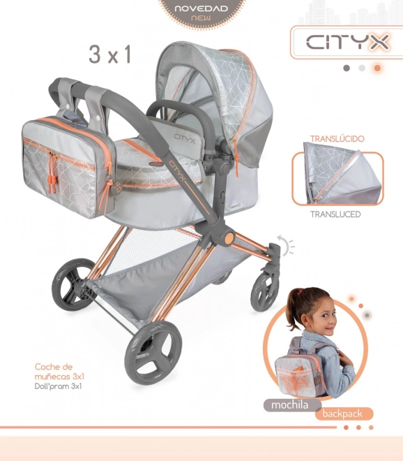 DeCuevas 81777 Opvouwbare poppenwagen 3-in-1 met rugzak CITY X 2024 - 73 cm