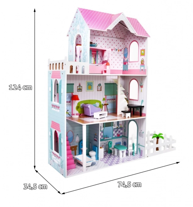 Houten poppenhuis Roze voor kinderen 3+ met uitrusting en meubels