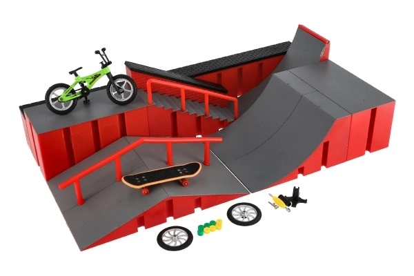 Skatepark - hellingen, vingerfiets, vingergrootte skateboard plastic met accessoires 2 kleuren in doos 43x25x12cm