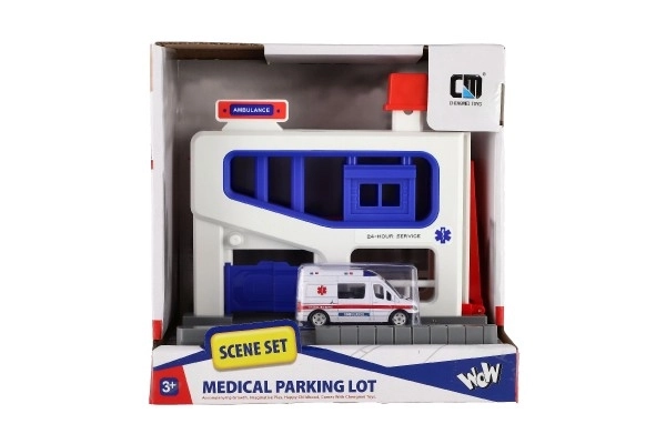 Parkeergarage met ambulancevoertuig