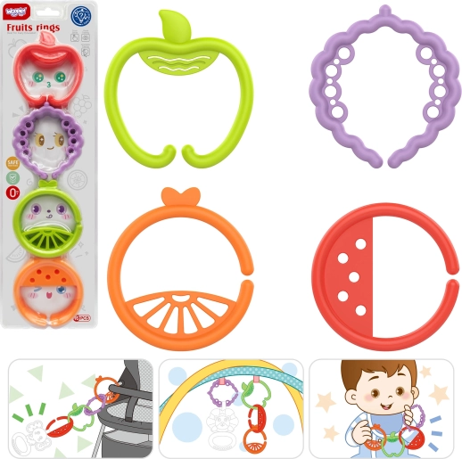 woopie baby sensorische bijtring en hangringen fruit, set van 4 stuks