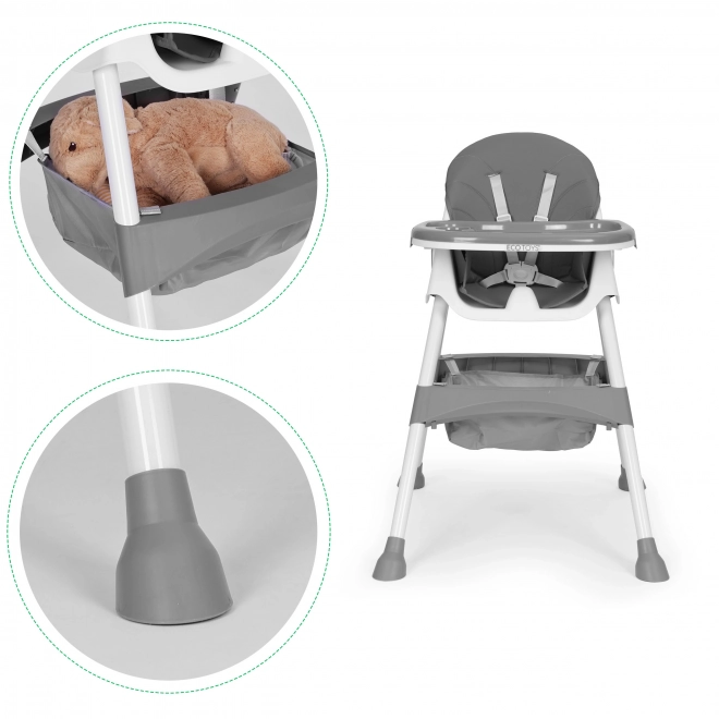 Kinder eetstoel met blad en mand, vijfpuntsgordel ECOTOYS – grijs