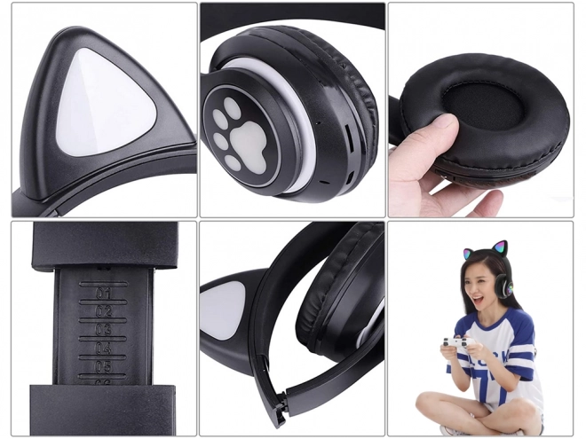 Draadloze koptelefoon bluetooth radio fm mp3 kattenoren led verlichting – zwart
