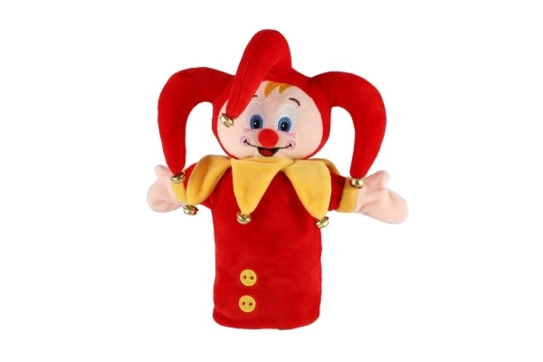 Kasper handpop van pluche 28cm met belletjes op kaart