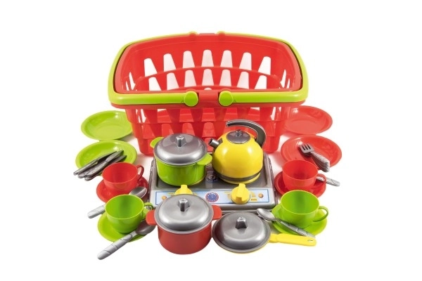 Boodschappenmandje van plastic + set keukengerei in zakje