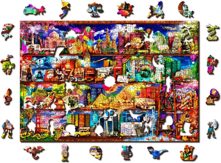 Houten dubbelzijdige puzzel WOODEN CITY – boekenplank over reizen, 505 stukjes