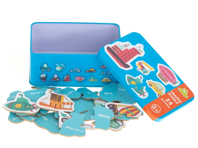 Puzzel met vervoermiddelen in een blikje