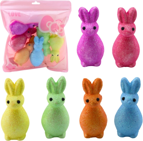Schuim Paashaasjes met glitter, kleurrijk, 6 stuks