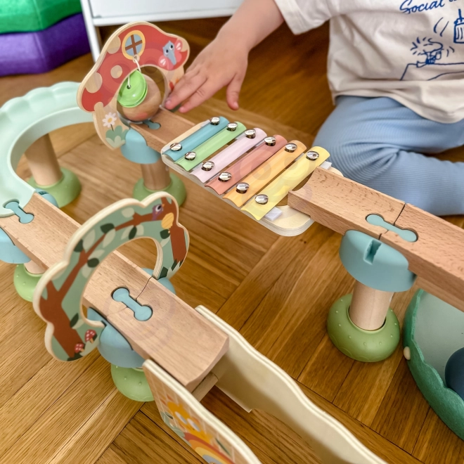 Houten knikkerbaan met xylofoon Tooky Toy 44 stuks