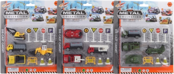 Set van metalen auto's met verkeersborden