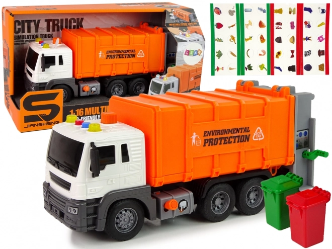 Vuilniswagen met wrijvingaandrijving Geluidseffecten Oranje 1:16 recycling