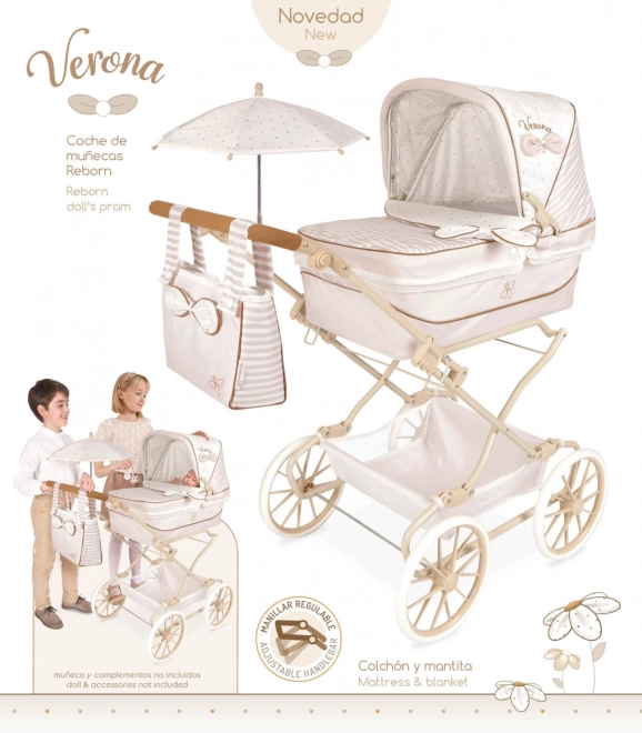 Inklapbare kinderwagen voor poppen Reborn met parasol en accessoires Verona