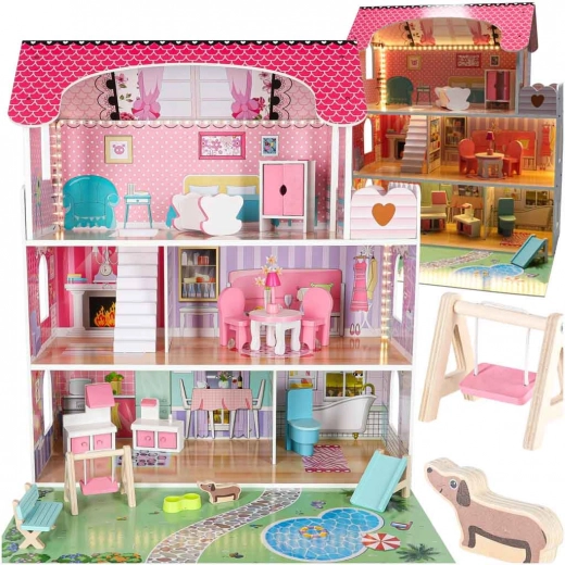 Houten poppenhuis met LED-verlichting en tuin 70 cm roze