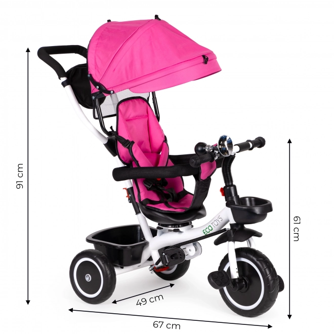 ECOTOYS Driewieler met dak en duwstang - roze