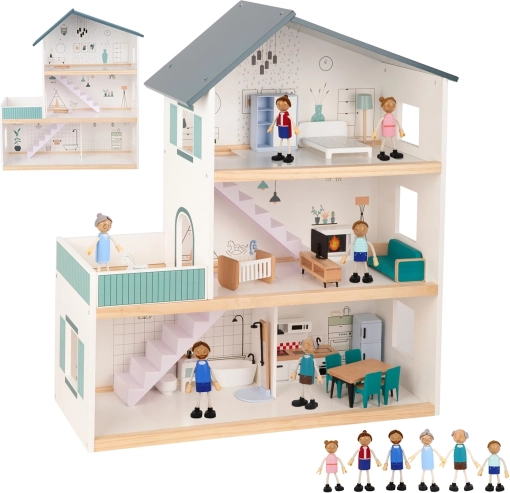 Groot houten poppenhuis met figuren FSC TOOKY TOY
