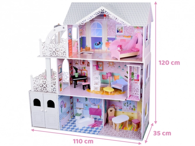 Groot houten poppenhuis met lift, garage en balkon