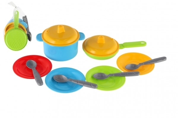Set gekleurd plastic servies 12 st in net 12m+