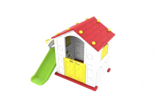 Kinder tuinhuisje met rood dak, glijbaan en basketbal