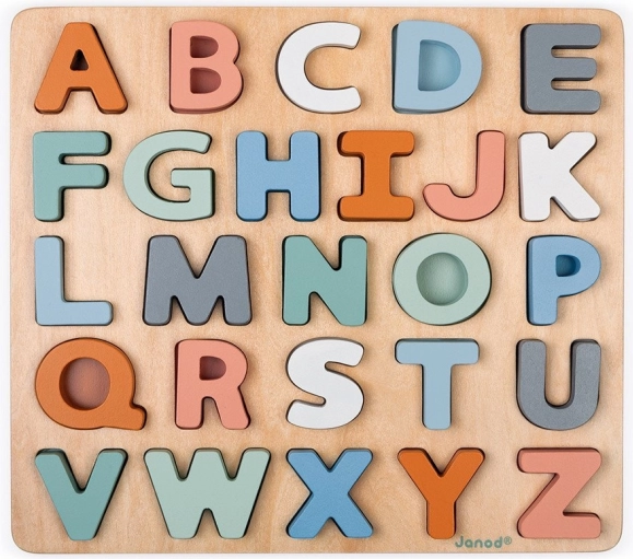 Houten inlegpuzzel alfabet met krijtbord JANOD
