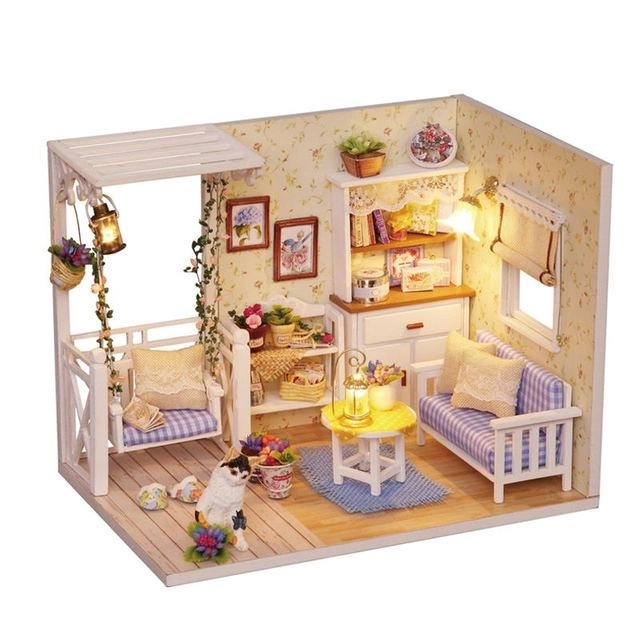 Houten poppenhuis in retro stijl met LED-verlichting