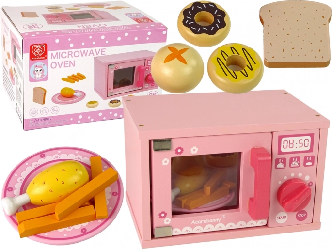 Houten magnetron voor kinderen – roze set met eten
