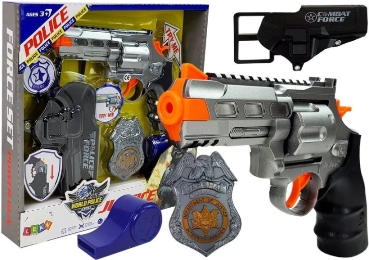 Politieset met revolver 20 cm, badge, holster en fluitje met licht en geluid