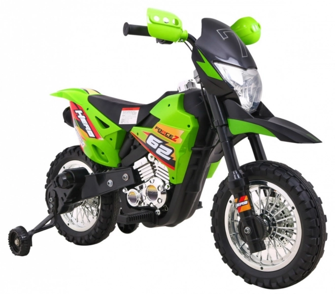 Elektrische crossmotor voor kinderen op accu – groen, met zijwieltjes en LED-verlichting
