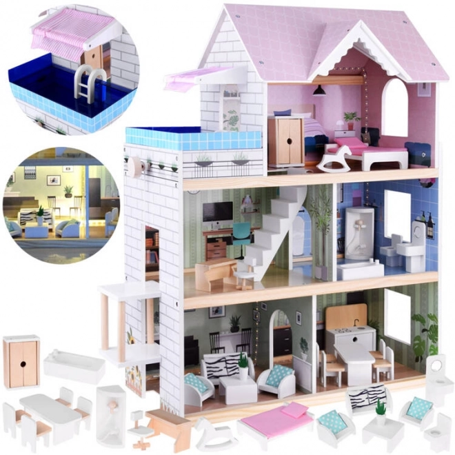 Houten poppenhuis met zwembad en LED-verlichting