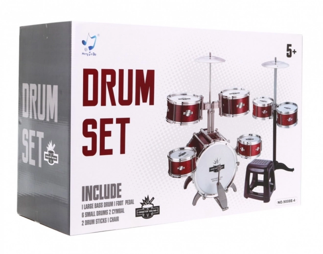 Rode drums met 7 trommels + krukje + 2 bekkens + 2 stokken - 12 delen