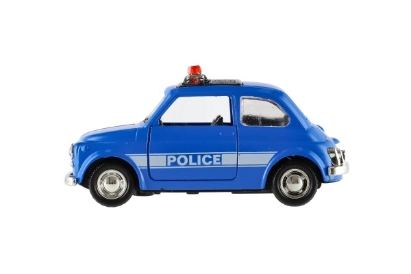 Retro politieauto 11cm metaal/plastic, zelfopwindend met licht op batterijen, 4 soorten